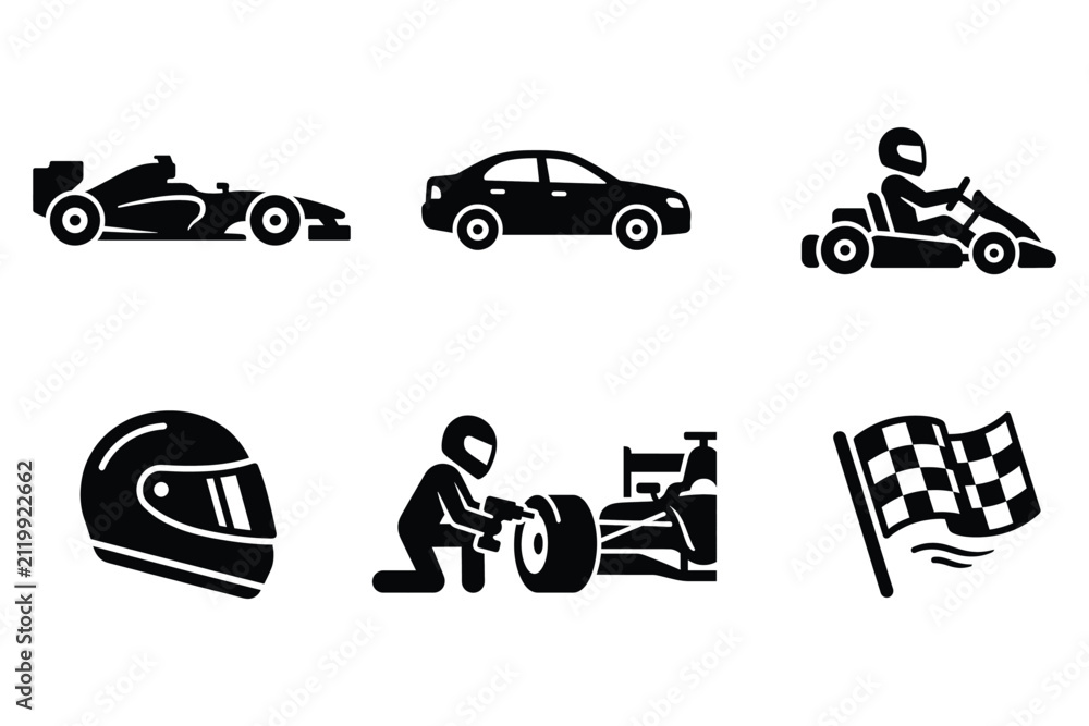 Fototapeta premium Motorsport and racing icons set. Formula car, go-kart, and pit stop service symbols.