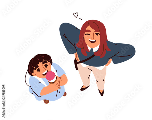 Happy people, mom and kid looking up, from above. Woman winking, girl eating ...