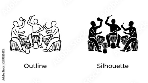 Drum Circle Performance: A graphic illustration depicting a group of musicians playing drums in both outline and silhouette styles, symbolizing rhythm and communal music-making.