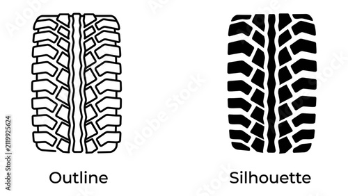 Konstfotografi Tire Tread Outline and Silhouette: Two distinct tire tracks, one presented as a clean outline and the other as a solid silhouette, showcasing the intricate tread patterns designed for optimal grip