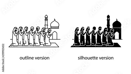 Canvastavla Islamic Prayer Scene: A line of worshippers in traditional attire performs Salat in unison before a mosque, depicted in both outline and silhouette versions, signifying devotion and community