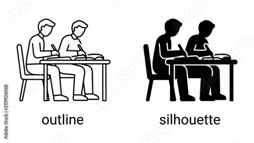 Фотография Students Studying Together: Two students are depicted side-by-side, engrossed in their studies at a desk, with both an outline and silhouette version presented