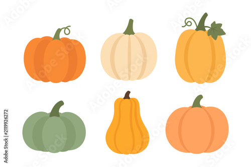 Cuadro en lienzo Set of six flat pumpkin icons in different shapes and colors