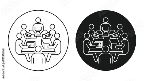 Business team meeting around conference table icon set with office life