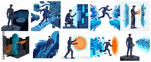 Set of Isometric Illustrations of a Man in a Futuristic Suit Navigating Cyberspace and Metaverse Environments