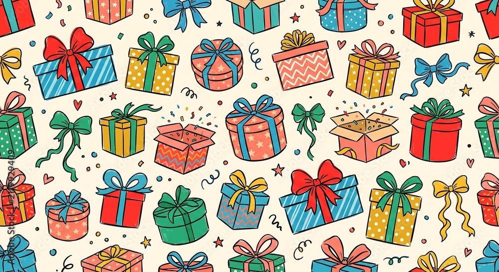 Obraz premium Colorful gift box pattern with ribbon bow on beige background. Festive holiday wrapping paper design. Present for birthday, Christmas and surprise celebration. Decorative cartoon drawing.