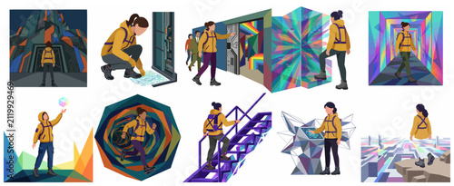 Set of Vector Illustrations of a Female Explorer Navigating Abstract Digital Landscapes and Metaverse Environments