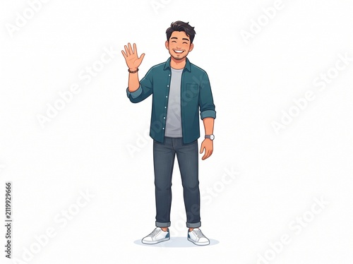 Friendly young man cartoon character smiling and waving with modern casual style
