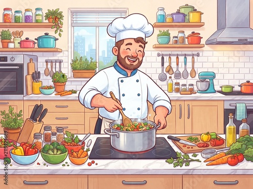 Cheerful cartoon chef cooking in modern kitchen with colorful ingredients