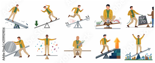 Business Financial Stability and Market Volatility Concept Set of Businessmen Balancing on Seesaws