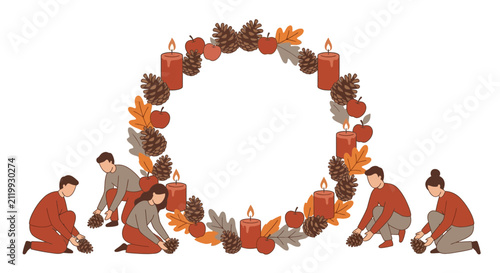 People decorating a large autumn wreath with pine cones and candles