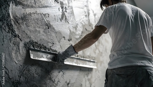 A construction worker uses a metal trowel to apply wet cement plaster to a concrete wall indoors.