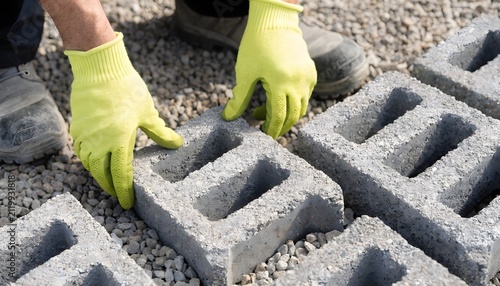 Construction Worker Cleaning Concrete Stone Garden Path with Sponge on Brick Street and Stairs During Road Work