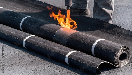 A construction worker uses a propane torch to melt and install bitumen roofing membrane rolls on a flat roof.