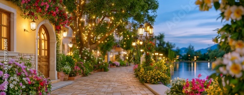 Vibrant impressionist painting of a charming Mediterranean lakeside promenade with blooming flowers, glowing lanterns, and cozy villas, celebrating romantic evenings, tranquil waterfront living, and t