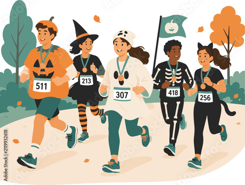 Halloween Costume Fun Run - Happy Runners in Halloween Costumes Illustration Vector