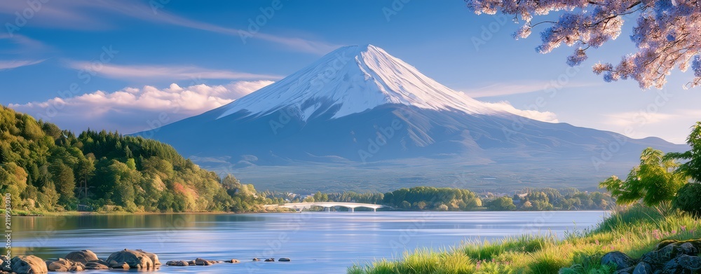 Fototapeta premium Majestic Mount Fuji reflected in a crystal-clear lake under a bright blue sky, showcasing Japan's iconic natural landmark, peaceful landscapes, scenic beauty, and unforgettable travel destination.