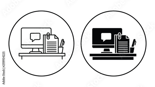 Office workplace communication and documentation icon set with workplace