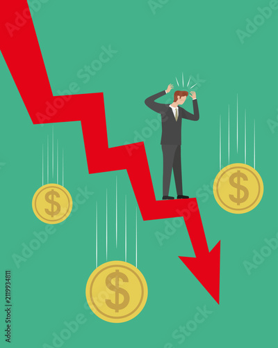 Business Man Standing On Down Arrow