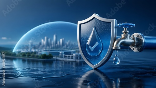 Urban water security and purification infrastructure showing protective checkmark shield next to faucet with domed eco city background