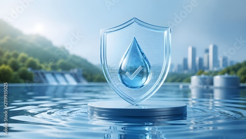 Environmental security concept featuring a transparent water drop shield representing sustainable hydroelectric infrastructure and pure water resource management