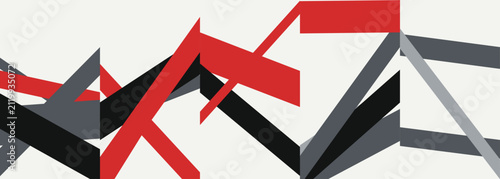 Abstract composition of intersecting geometric shapes in red and grey tones