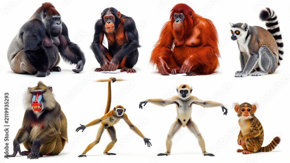 Fototapeta premium Collection of diverse primates and monkeys isolated on white. Featuring gorilla, chimpanzee, orangutan, lemur, and mandrill. Educational wildlife concept, ideal for zoo marketing and ecology media.