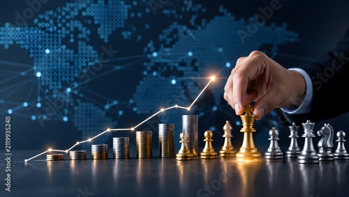 Global financial growth strategy concept featuring a businessman moving a gold chess king alongside a rising coin bar chart and international market map