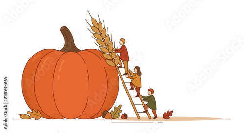 People climbing ladder by giant pumpkin during autumn harvest