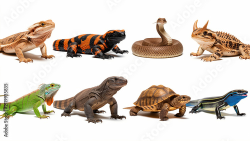 Diverse reptile collection including lizards, a snake, and a tortoise on a white background. Exotic species variety featuring iguana and monitor lizard. Ideal for herpetology and education.