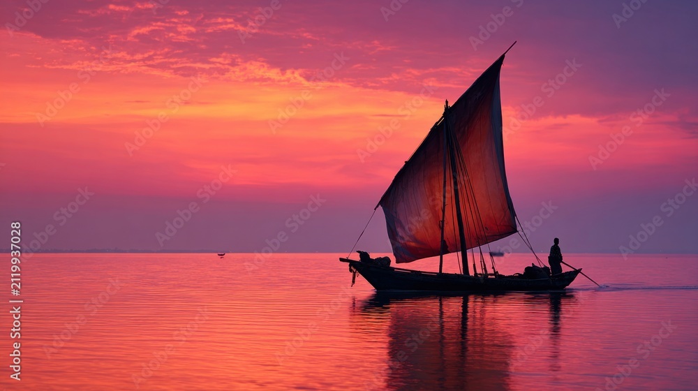 Fototapeta premium Sunset Sailing Boat Silhouette Ocean