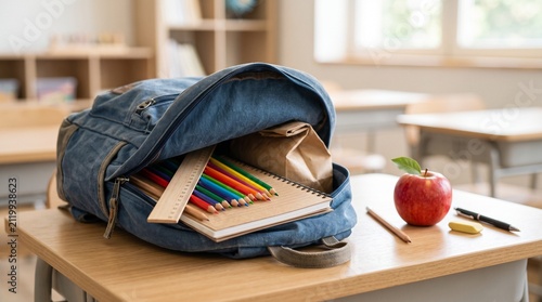 Denim backpack filled with school supplies on a wooden desk