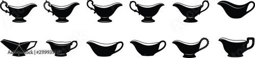 A Collection Of Various Gravy Boat Silhouette Icons On White Background Surface