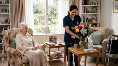 Caregiver bringing flowers to a senior woman in a living room