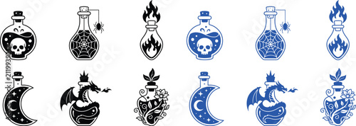 Set of magical potion bottles featuring skulls spiders fire dragons and plants