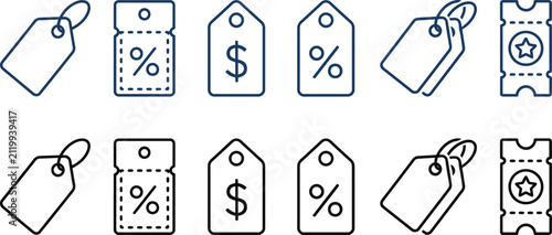 A set of minimalist line icons representing shopping tags and admission tickets