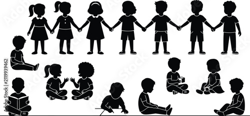 A collection of black silhouettes showing diverse children playing and holding hands