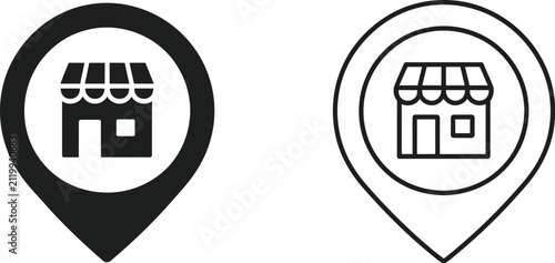 Фотография Store Location Icon Set featuring awning storefront symbols, retail shop markers, business location concepts, commerce navigation, and editable flat two-tone vector illustrations