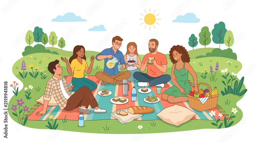Fototapeta premium Happy diverse friends enjoying a summer picnic and sharing healthy food in a sunny outdoor park flat design vector illustration.