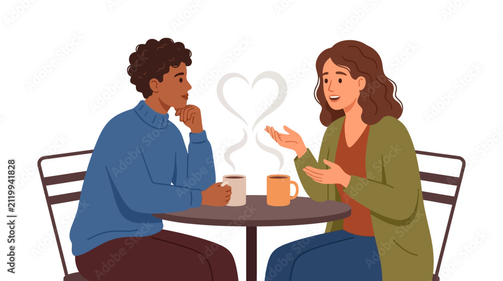 Fototapeta premium Happy diverse couple talking on romantic coffee date with heart shaped steam flat design vector illustration