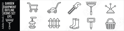 Quadro su tela Minimal garden equipment outline icon set featuring garden cart lawn mower hedge