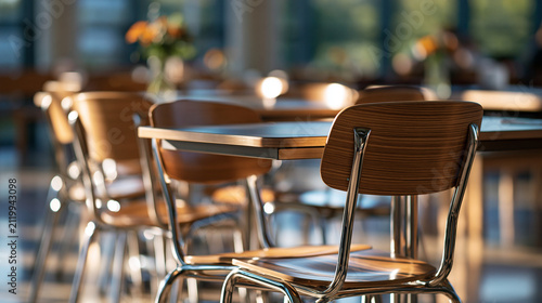 An unoccupied institutional cafeteria features practical tables, chairs and a clear bright pathway through the room, school canteen, factory lunchroom, clean interior, modern furniture,