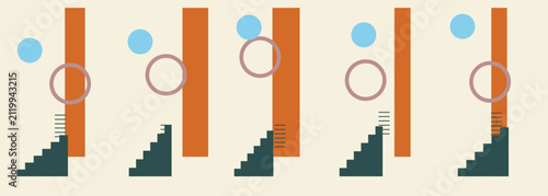 Minimalist geometric illustration with repeating stairs and shapes