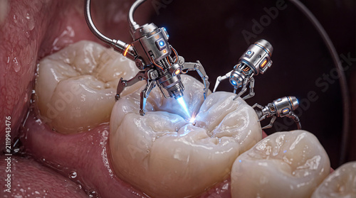 Futuristic dental technology with robotic tools precisely treating a tooth with laser, highlighting intricate details of the procedure