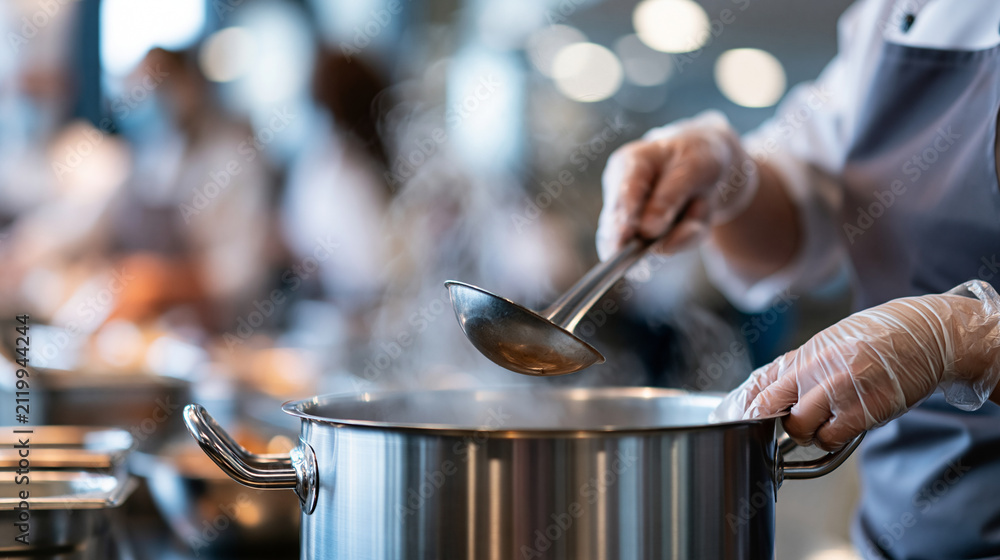 Obraz premium Steam rises from a large cooking pot as a female chef prepares school meals in a bright sanitary kitchen, cafeteria staff, healthy lunch, institutional cooking, clean uniform, food safety,