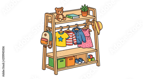 Organized children room furniture with clothes rack shelves toys books and storage boxes vector illustration clip art.