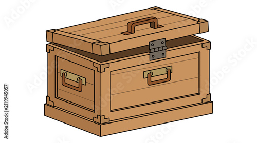 Sturdy wooden storage trunk with metal handles and hinge detail in flat vector style for organization and home storage.