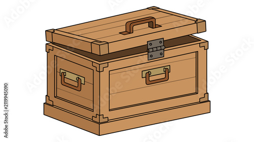Classic wood storage chest with metal handles and corner reinforcements simple vector illustration on white background.