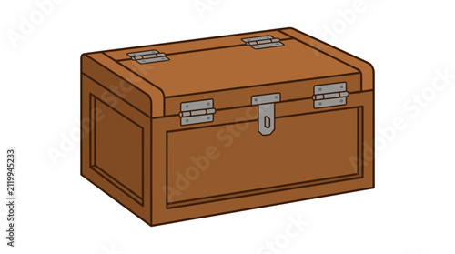 Wooden storage chest with silver hinges and metal latch for treasure or toy storage isolated on plain white background.