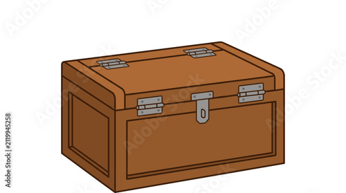 Classic wooden treasure chest with secure metal latch and decorative hinges for home storage isolated on white background.